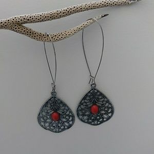 Southwest Tear Drop Silver Coral Filigree Earring